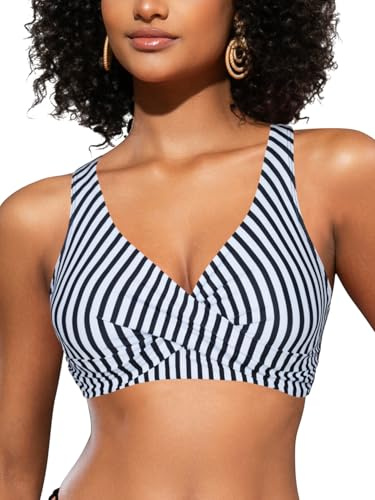 SHEKINI Top Bikini da Donna con Pieghe Incrociate Aperto sul Retro Push Up Regolabile con Scollo a V Abbigliamento da Spiaggia（M，Strisce）