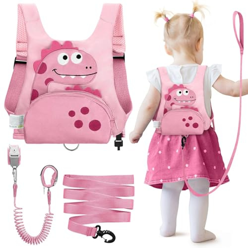 Dr.meter Guinzaglio per Bambini, Zaino Anti-Smarrimento con Guinzaglio Girevole a 360° per Bambini 3 in 1 Simpatico Dinosauro con Lucchetto per Bambini Attrezzatura di Sicurezza per Esterni (Rosa)