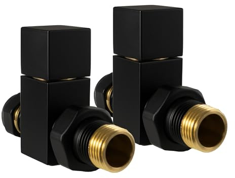 VANCOCO 2Pcs 1/2×15mm Matte Black Straight Radiator Valves Square, Manual Radiator Valves Pair Standard Connection for Heated Towel Rail and Central Heating Modern Bathroom