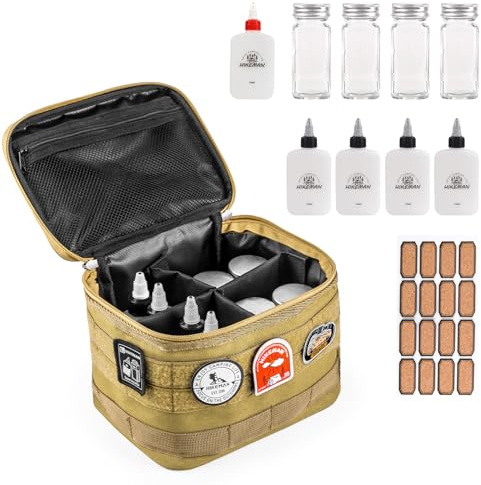 HIKEMAN Camping Portable Spice Set with 9 Spice Containers Pepper & Salt Spice Shakers, Separable Storage Bag for Outdoor Travel Camping BBQ Picnic (Khaki velcro Type)