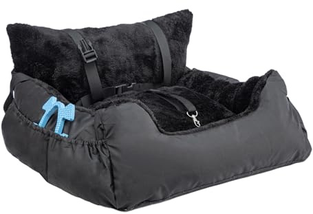 Plush Dog Car Seat for Small Dogs & Cats, Comfortable Pet Car Seat with Safety Leash & Non-Slip Base, Car Seat Bed with Storage Pocket, Soft Secure Small Dog (Style1-Black, One Size)