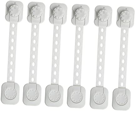 Babyschutz Entriegelungssperre 6 Stück Verstellbar aus Abs für Schränke | Selbstklebend, Weiß, Rückstandsfrei Entfernbar, Biegsam, Einfache Handhabung