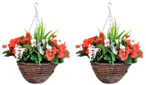 Pair Of Best Artificial Pansy Displays in 10 Round Woven Baskets (Red & White)