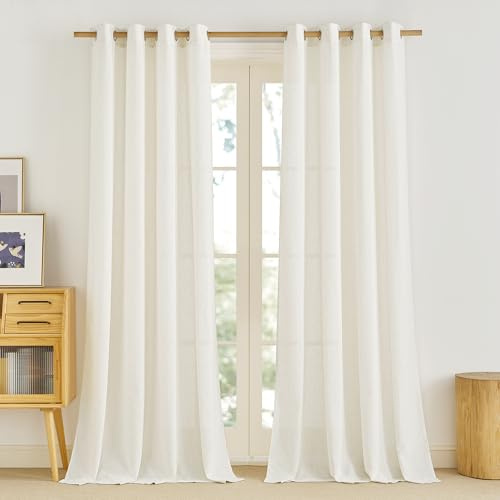 PONY DANCE Boho Style Gardinen für Wohnzimmer/Schlafzimmer Leinenvorhang mit Ösen 2er Set H 245 x B 140 cm Elfenbeinweiß, Gardinen Leinen Halbtransparent Linen Curtains for Living Room