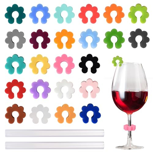 Luxvara Glasmarkierer, 24 Stück Glas Markierung, Glasmarker Silikon, Bunte Weinglas Marker,Wein Marker, Weinglasmarkierer für Weinglas, Tassen, Trinkglas