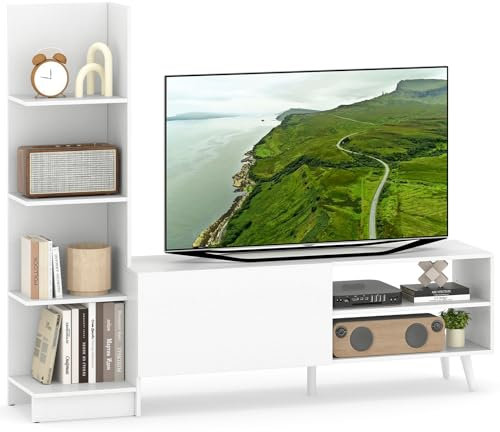 COSTWAY Mobile TV Fino a 50'', Tavolo Porta TV a Forma di L, con Libreria e Mensola Regolabile, Mobile Porta TV Moderno in Legno per Soggiorno Ingresso Camera da Letto (Bianco)