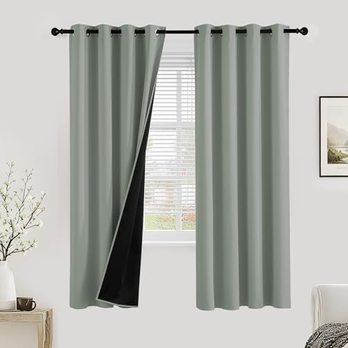 PONY DANCE 100% Blackout Curtains for Bedroom - Thermal Full Blackout Eyelet Curtains & Drapes Heat and Light Blocking Panels for Living Room with Black Liner 2 Pcs, 46 x 72 Inch, Sage Green