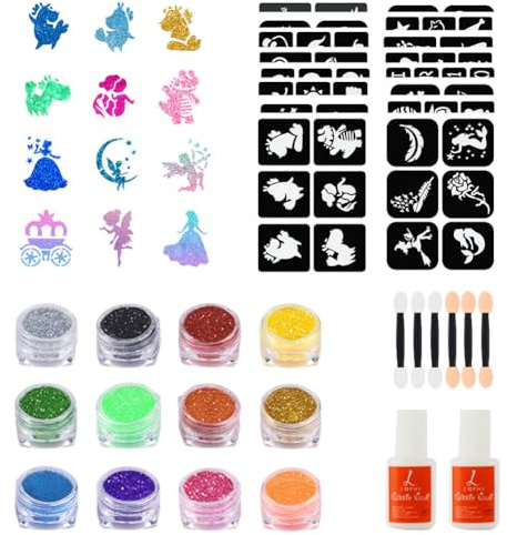 LOPHE Tatueringar Purpurina Barn, Kit av Temporära Purpurina Tatueringar med 12 Färger Glitterpulver, 16 Mallar, 12 Penslar för Applicering och 2 * 8ml Lim för Fester, Gåvor, Karneval, Födelsedagar