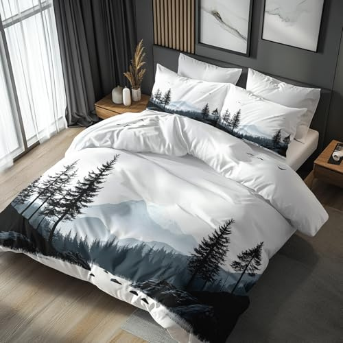 Winter Landschaft Bettwäsche 135x200 Bügelfreie - Berge Bäumen Muster, Renforce Wendebettwäsche Bettbezug 2er Set Cozy Mikrofaser Mit Reißverschluss, 1 Kissenbezug, Geschenk Winter Landschaft LS2374