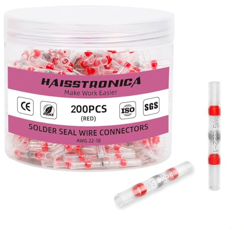 haisstronica 200PCS Solder Seal Wire Connectors,Waterproof Heat Shrink Butt Connectors Terminals for Watercraft,Electrical,Electronics AWG 22-18 Red