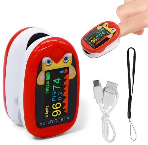 Tomedeks Pulsoximeter für Kinder, Sauerstoffsättigung Messgerät Finger mit TFT-Display - Tragbarer Oximeter zur Messung von Blutsauerstoff & Puls in 5 Sekunden - Einfache Bedienung