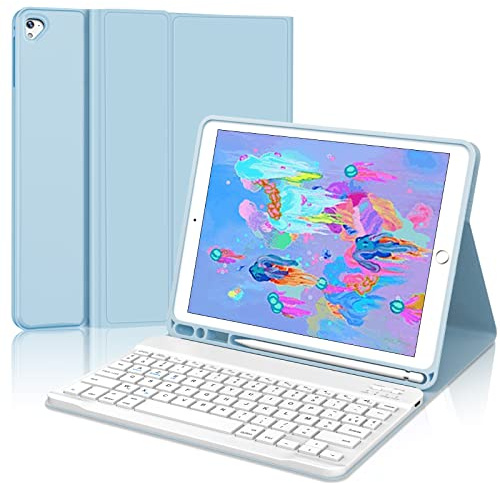 JADEMALL Clavier pour iPad 6eme/5eme Generation 2018/2017 9.7, iPad Air 2/1 2014/2013, Pro 9.7, AZERTY Français Clavier Bluetooth avec Fente pour Stylo pour iPad 9.7, Bleu Ciel