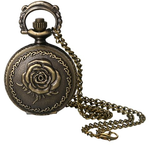 JewelryWe Women's Vintage Pocket Watch - Small Rose Embossed Pendant Necklace Quartz Analog Fob Watches with 30.7 Inch Chain