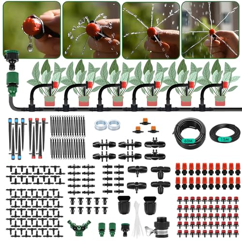Nikou Système d'irrigation Jardin, 315 Pièces Micro Irrigation Goutte à Goutte Kit avec 60M + 15M Tuyau, Kit Arrosage Automatique pour Paysage Refroidissement, Pelouse, Plante, Potager