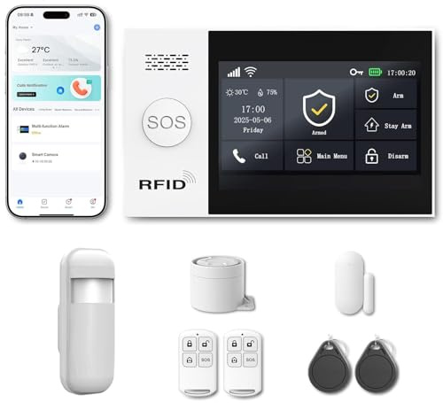 RenseCum Kit Alarma Casa WiFi + 4G, Alarma Sin Cuotas con Pantalla Táctil 4,3, 5 Detectores de Movimiento, 10 Sensores Puerta/Ventana, Sirena 120 dB, App, Alexa y Google