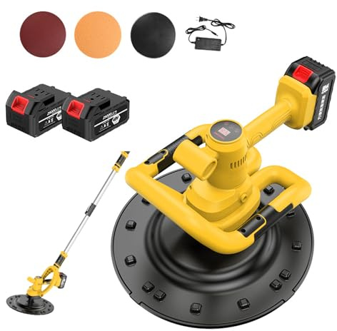 Lucidatrice a Velocità Regolabile - Levigatrice Elettrica per Cartongesso per Lisciatura dei Muri con Velocità Variabili, con Asta di Estensione, 2 Batterie