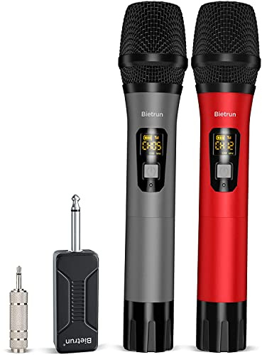 Bietrun UHF Wireless Microphone with 1/4'' Plug Rechargeable Receiver, 160 Feet, Professional Metal Dual Handheld Cordless Dynamic Mic System for Karaoke, Wedding, Singing, DJ, Party, Speech, Church