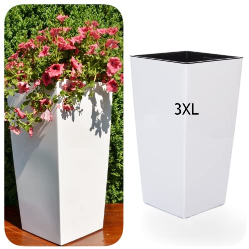 MELTOM Pflanzkübel aus Kunststoff in Hochglanz Farbe: Weiß mit Herausnehmbaren Einsatz, BxTxH in cm: 39 x 39 x 75 cm, Größe: 3XL