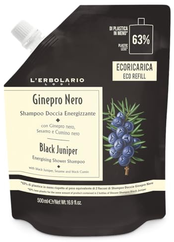 L'Erbolario Ecoricarica Shampoo Doccia Ginepro Nero Energizzante, 500 ml | Docciashampoo Uomo - Detergente per Corpo e Capelli - Senza Siliconi, Parabeni e Petrolati - Made in Italy
