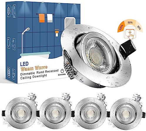 wowatt 5er 7W LED Einbaustrahler 3 Stufig Dimmbar 700LM Hell Schwenkbar | 2800K Warmweiß Flache Einbauleuchte LED 230V Badeinbaustrahler Deckeneinbaustrahler IP44 für Badezimmer 68mm - 75 mm Lochmaß