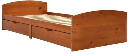 vidaXL Massivholzbett, Holzbett Bett mit 2 Schubladen, Bettrahmen Bettgestell mit Lattenrost, Einzelbett für Schlafzimmer, Honigbraun Kiefer 90x200cm