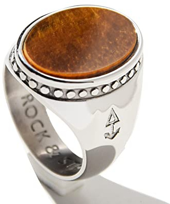 Rock and Steel Herren Ring Siegelring mit oval Tigerauge Stein, Silber Edelstahl (Silber, 55 (17,5 mm))