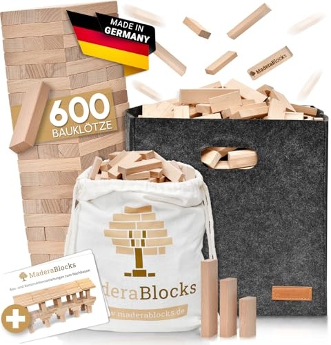 MaderaBlocks® 600 Holzbausteine Natur + 1x Baumpflanzung 100% Made in Ravensburg Bauklötze Natur Holz unbehandelt Kinder Konstruktions-Spielzeug, Motorik Bausteine 2 3 4 6 Jahre
