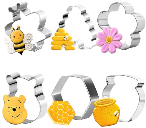KUKIFUN 6Pack Biene Ausstecher Set, Biene, Bienenstock, Honigglas, Winnie bear, Blume Edelstahl Formen für Backen Sandwiches Kuchen Fondant Geburtstag Party Dekoration