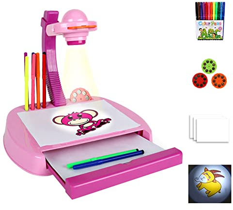 Drawing Projector Table for Kids, Trace and Draw Projector Toy with Light, Children Educational Early Learning Musical Projector Painting Drawing Table Toy Paint Tools for Boys Girls, Pink