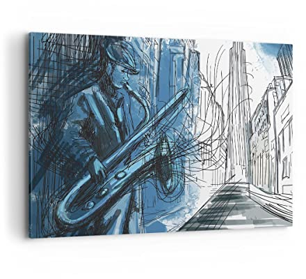 Wandbilder Dekoration Wohnzimmer Saxophon Musiker Zeichnen Bilder auf Leinwand 120x80cm Leinwandbild Schlafzimmer Küche Deko Wand Kunstdruck Art Groß XXL Wanddeko Bild Wall Decor Canvas AA120x80-4148