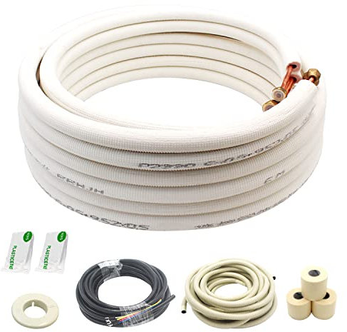 25 Ft Mini Split Line Set.Air Conditioner Copper Tubing Pipes Extension Set, 1/4 & 5/8 3/8 PE Thickened for AC and Heating Equipment Insulated Coil Line Set HVAC Refrigerant with Nuts. (1/4+5/8)