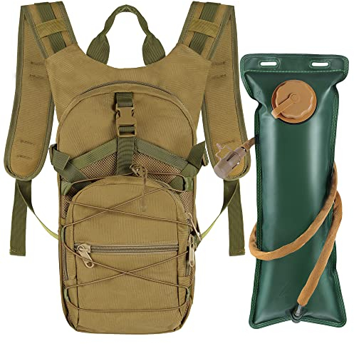 Outplea Taktischer Trinkrucksack mit 3L Trinkblase, Mehrtaschen Fahrradrucksack mit Wasserblase, Militär Tagesrucksack für Wandern Laufen Camping, Khaki