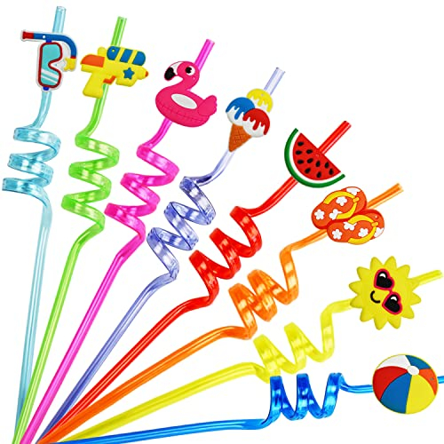 Ynaice Strohhalm Plastik, 8 Stück Wiederverwendbare Trinkhalme Neuheit Lockige Kunststoff Strohhalm Sommer Hawaii Pool Strohhalme für Geburtstagsfeier Party Deko Weihnachten Party Zubehör