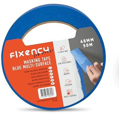 Fixency - 1x Ruban de Masquage Peinture (48 mm x 50 m) I Ruban Adhésif pour Peinture, Vernissage, Rénovation I Masquage Peinture Papier I Résistant aux UV I Couleur: Bleu