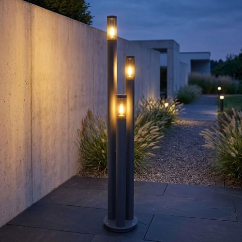 Wegeleuchten Außen Edelstahl Außenlampe Standleuchte Gartenleuchte Groß für draußen, anthrazit rauch, 3 Flammig E27, DxH 28x170 cm