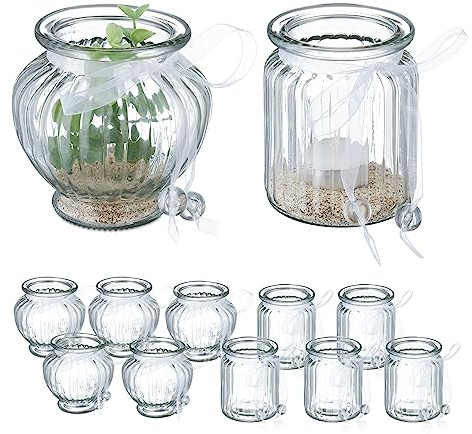 Relaxdays Windlicht, 12er Set, aus Glas, 2 verschied. Formen, mit Schleife, innen & außen, Teelichthalter, transparent