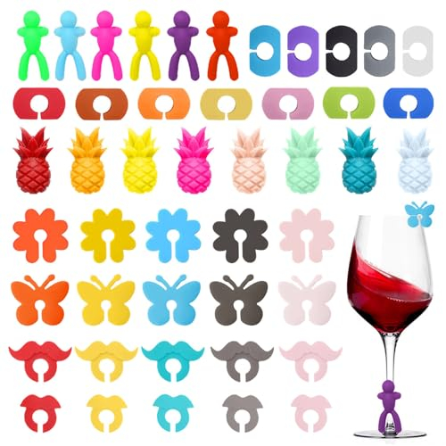 ZOCONE 46 Piezas Marcadores Vasos, Silicona Marcadores Vasos y Copas de Cristal Reutilizable Marcadores Copas de Vino Coloridos Identificador de Vaso Fiesta Marcadores de Bebidas para Copa Fiestas
