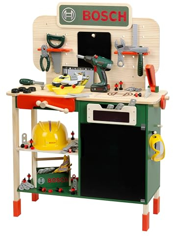 Theo Klein 8734 Bosch Holzwerkbank I Robuste Kinderwerkbank, höhenverstellbar I Elektr. Akkuschrauber, Werkzeuge mit Licht und Sound I Spielzeug für Kinder ab 3 Jahren