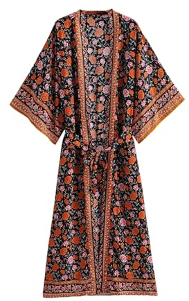 Hgvcfcv Boho Imprimé Fleuri Longue Plumeau Coton Robes Bohème Maxi Robes Portefeuille Femmes Style Ethnique Long Kimono pour Les Femmes