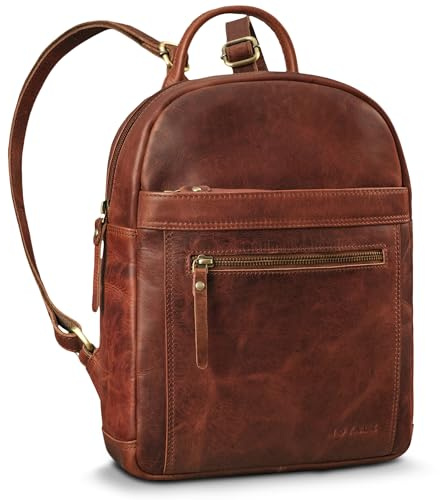 ROYALZ City Rucksack Damen klein Leder Tagesrucksack 'Delaware' moderne Vintage Rucksack-Handtasche Echtleder passend für DIN A5 Dokumente Daypack, Farbe:Roma Cognac Braun