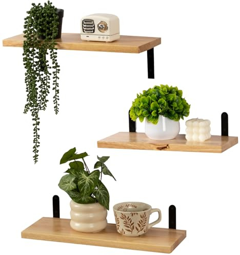 Gieanoo Wandregal Holz, 3 Stück Eiche Schweberegale Massivholz Bücherregale Wand Hängeregal mit sitzenden schwarzen L-Klammern,Holzregale ideal für Schlafzimmer, Badezimmer