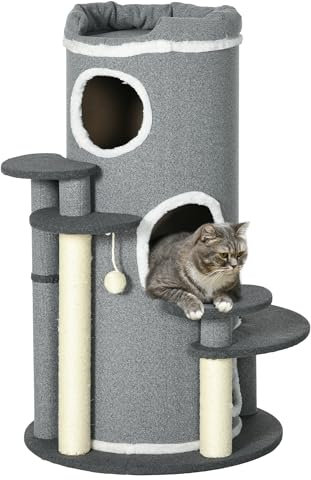 PawHut Cat Tree for Indoor Cats, 3 Tier Cat Tower Barrel Shaped with Sisal Scratching Posts, Cat Bed, Platforms, Hanging Ball, Grey