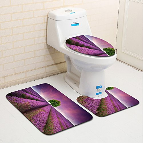 Bad Teppiche Set 3-Teiliges Lavendel Lila WC Vorleger Mit Ausschnitt Badematte Saugfähig WC Deckelbezug Badvorleger rutschfest Waschbar Toilettensitzbezug Badgarnitur (45x75cm)