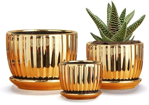 Ton Sin Gold Plant Pots,4.1+5.1+6.5 Inch Ceramic Succulent Planters Set of 3 Mini Indoor Flower Pot with Drainage,Handmade Decorative Ceramic Orchid and Herb Pots(Gold)