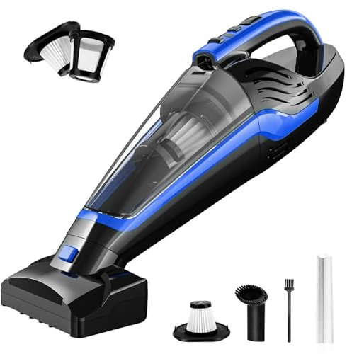 Powools Pet Hair Handheld Vacuum, Car Vacuum Cleaner Cordless Rechargeable, Hand Vacuum with Reusable Filter and Motorized Brush for Carpet, Couch & Stairs, Blue, 17.0X 5.0X 6.6