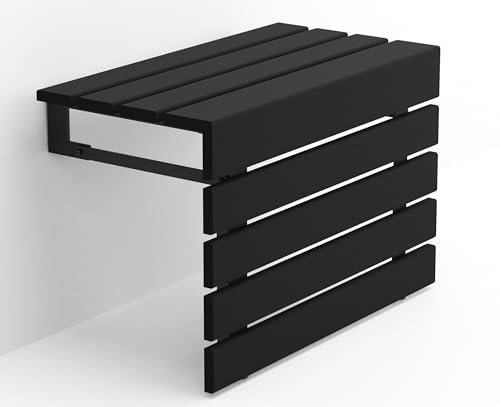 20 Folding Wall Mounted Handmade Teak Wood Large Shower Seat with Legs, ADA Compliant Durable Bath Bench, Sturdy Space-Saving Bathroom Stool, Water-Resistant Compact Chair (Black, Extra Large)