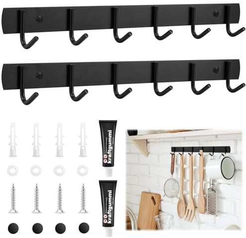 2 PCS Hakenleiste Küche,Garderobenhaken mit 6 Haken,Kleiderhaken Edelstahl | Hakenleiste Küche, 32cm Garderobenleiste, Kleiderhaken Wand, für Badezimmer, Wohnzimmer und Flur (schwarz)