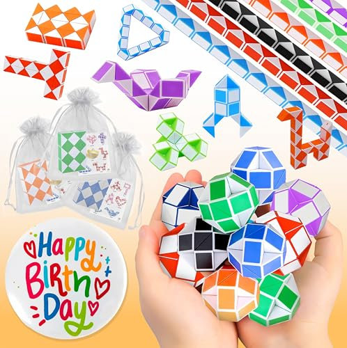 Pack 30 Cubo Mágico de Serpiente, Magic Snake Cube, 30 Bolsas, 1 Chapa Cumpleaño, 30 Guias de Figuras. Regalos cumpleaños Niños Colegio, Detalles Cumpleaños niños, Regalitos Cumpleaños Invitados Niñas