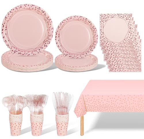 AIPartywar 141Stück Pink Rosagold Partygeschirr,Partyzubehör Pappteller Set,Wiederverwendbar Geschirr Set einschließlich Tischdecke Teller Becher Servietten zum Geburtstag,Hochzeiten(20 Gäste)
