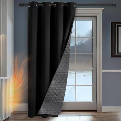 PANOVOUS Door Draft Curtain, 2-Layer Blackout Curtain with Eyelet, Heavy Duty Thermal Door Cover, 117x229cm, Black One Panel